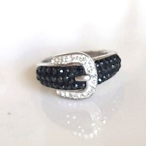 Vintage Boho Sterling Silver Black White Crystal Buckle Ring Size 9